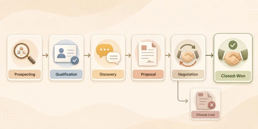 Six sales pipeline stages from prospecting and qualification to closed-won or closed-lost