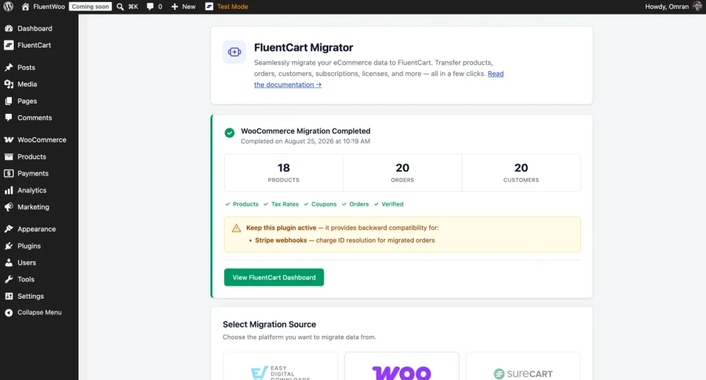 WooCommerce to FluentCart Migration Completion Screen