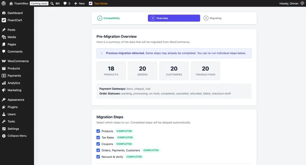 WooCommerce to FluentCart Migration pre migration overview