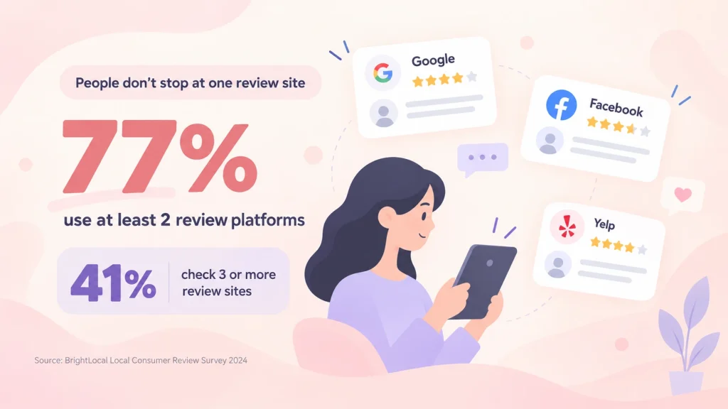 77% of consumers use two or more review sites during product research. 41% check 3 or more
