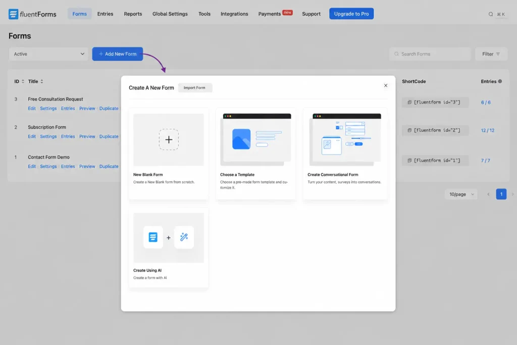 Add new form inside Fluent Froms