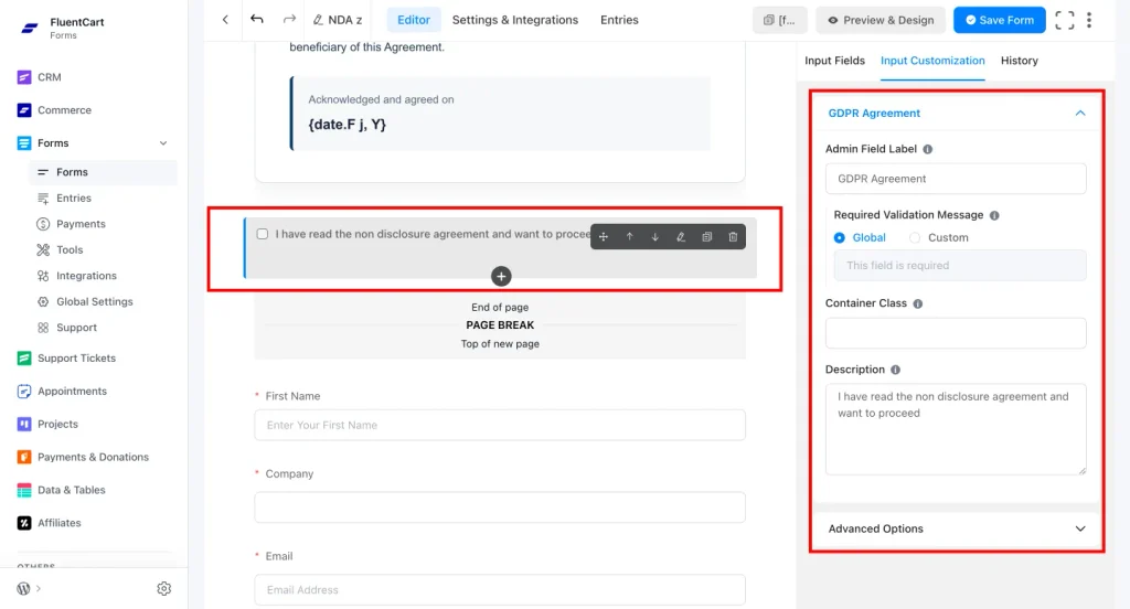 Add affirmative consent checkbox for the NDA form concent
