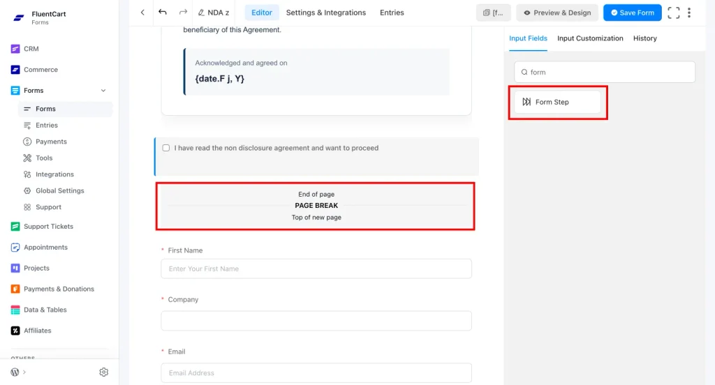 Add page break by adding form step in the form
