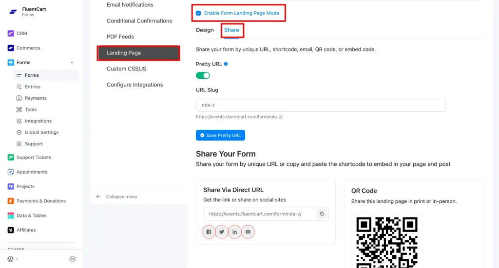 Completion screen landing page for NDA form