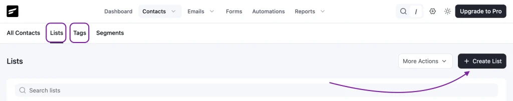 FluentCRM dashboard showing how to create list and tag