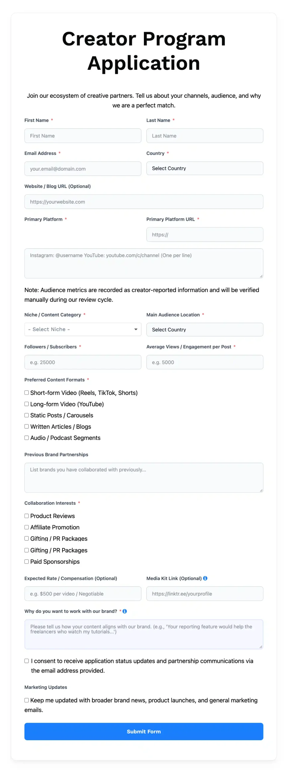 Actual Fluent Forms editor with Creator Program Application and creator/platform/audience fields visible.