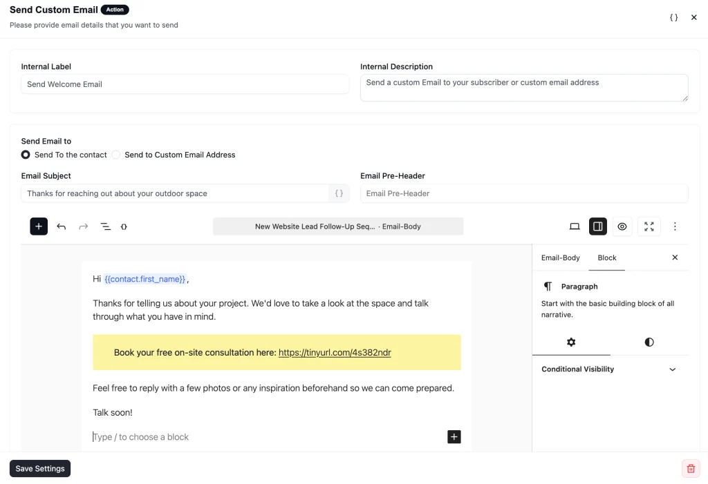 setting up custom welcome email for the leads