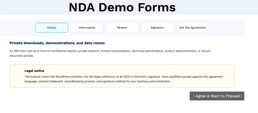 Demo NDA form screenshot