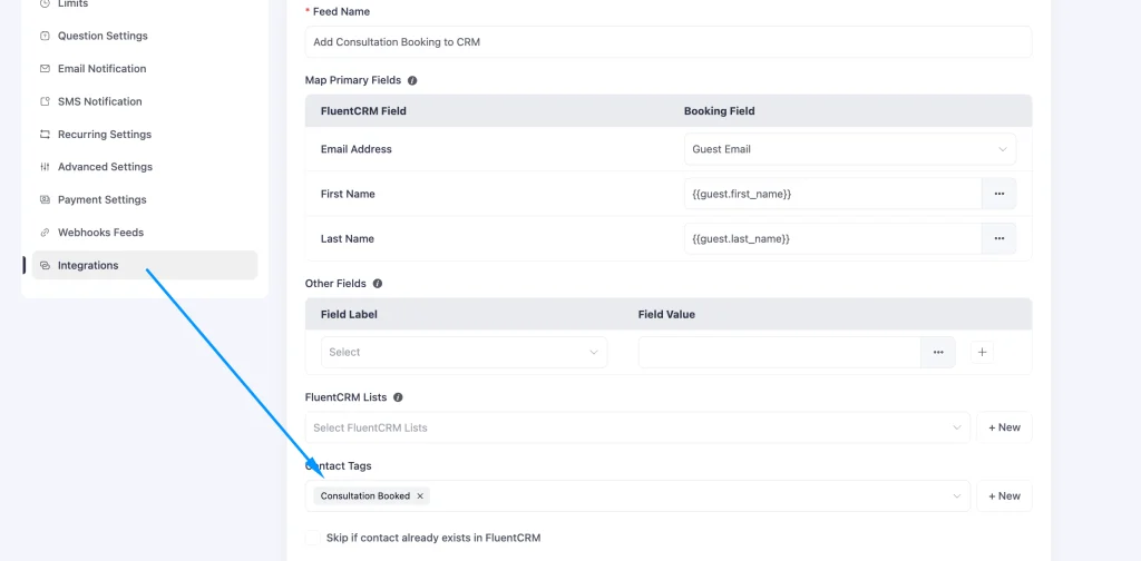 Setting up fluentBooking integration with FluentCRM