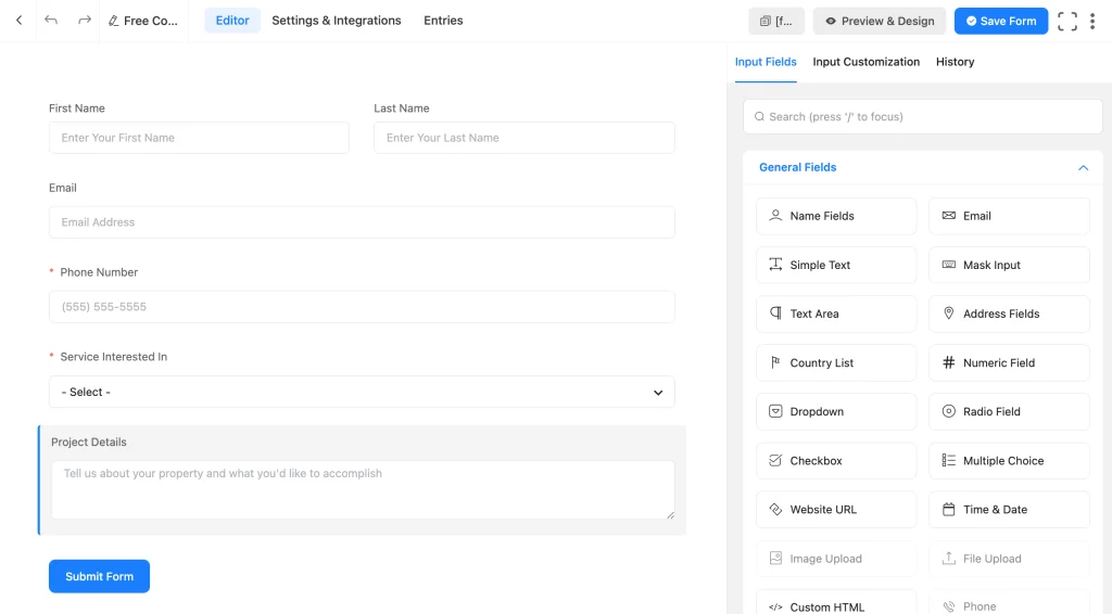 Configure form of free consultation to get project details
