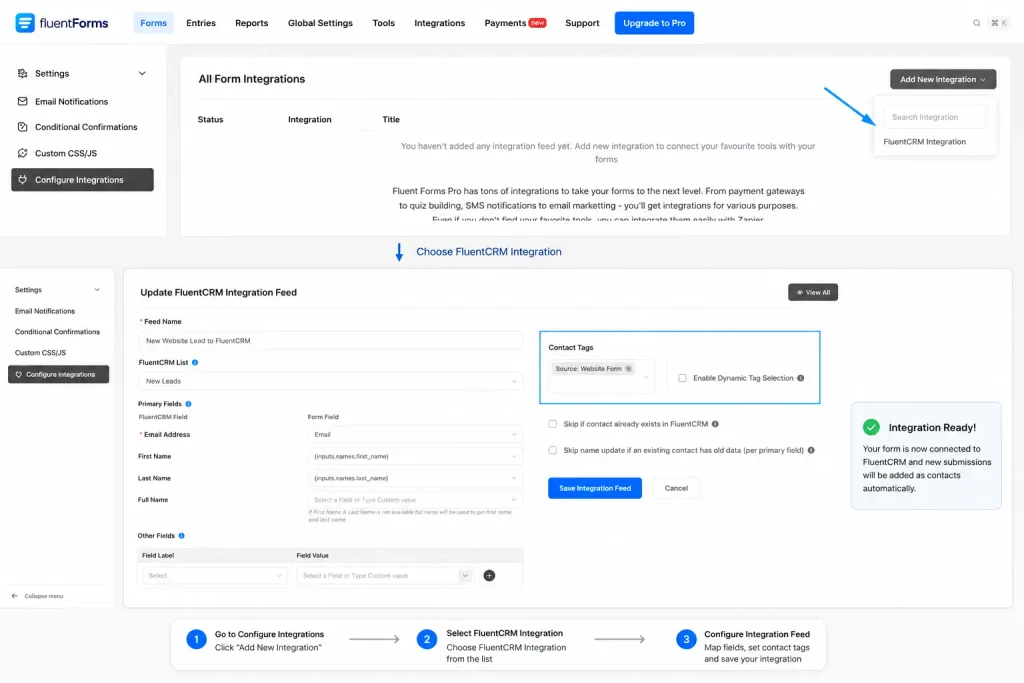 Fluent Forms Integration setup with FLuentCRM