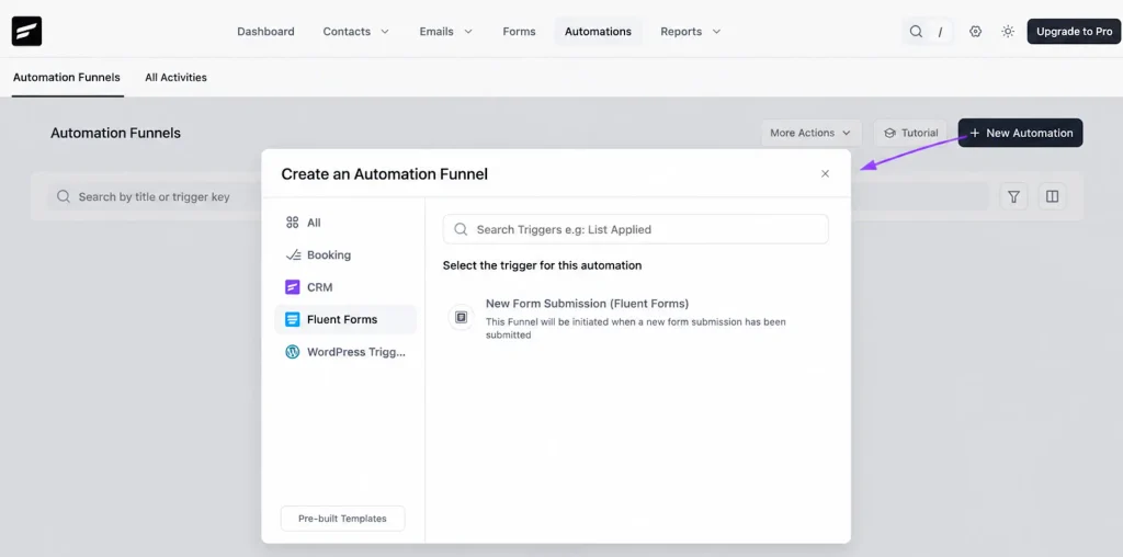 Setting up new automation for the Fluent Forms entries