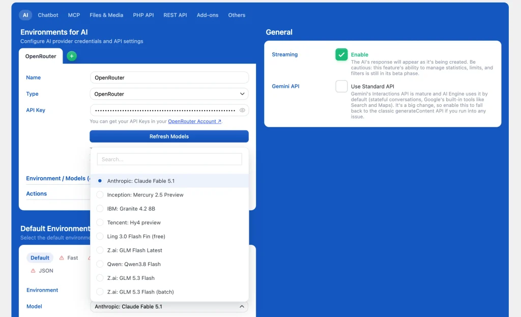 AI Engine settings showing the “Environments for AI” panel with an OpenRouter provider connected and a model selection dropdown open.