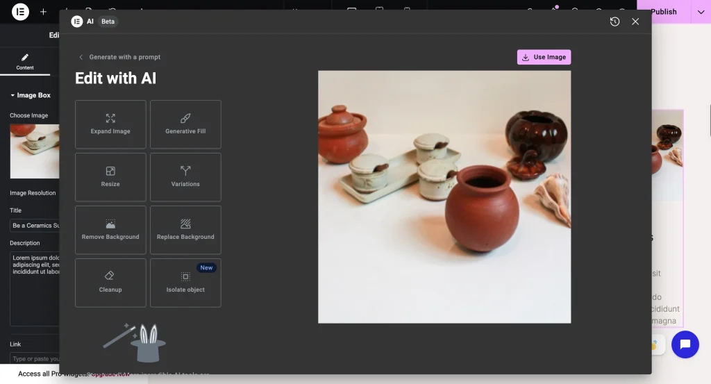 Elementor AI’s “Edit with AI” modal over the Elementor builder, showing image tools like Expand Image, Generative Fill, Remove Background, and Variations on a pottery photo.