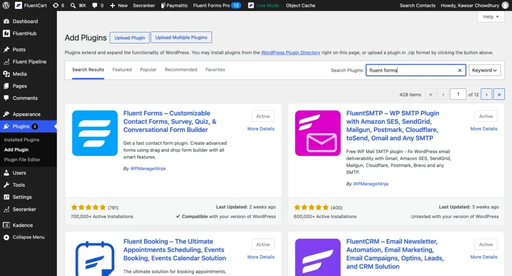 fluent Forms Install and activation dashboard