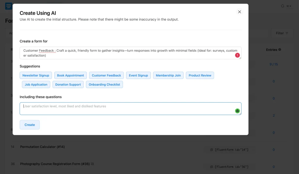 Fluent Forms “Create Using AI” modal, where you describe a form (a customer feedback form) and pick from suggested form types, with the forms dashboard blurred behind it.