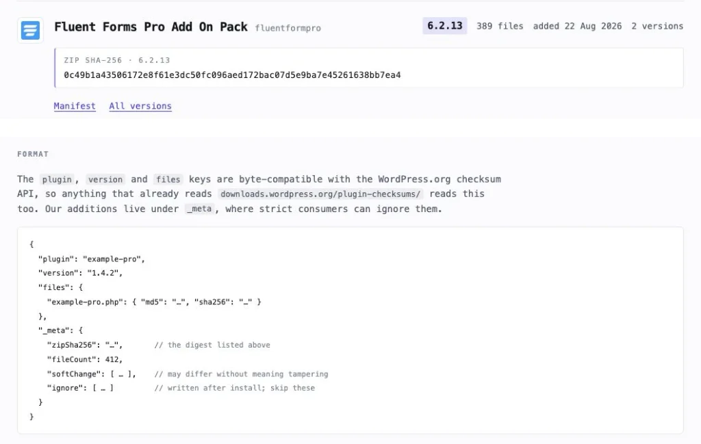 Composite of two official checksum-registry views: the Fluent Forms Pro 6.2.13 card and the documented JSON manifest format.
