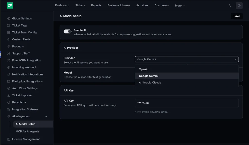 Fluent Support’s AI Model Setup screen with the provider dropdown open, showing OpenAI, Google Gemini, and Anthropic Claude, plus an API key field.