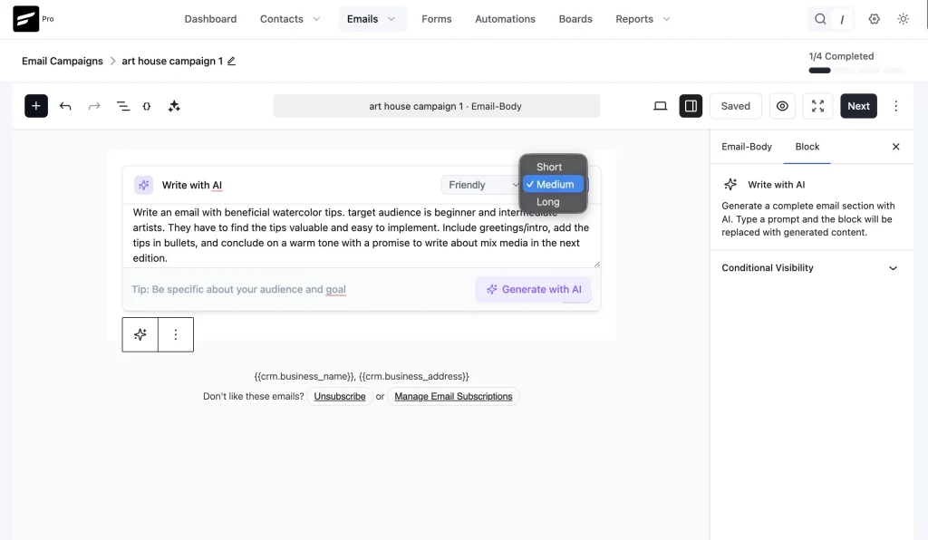 FluentCRM’s “Write with AI” panel in the email campaign editor, with tone set to Friendly and length Medium, generating an email from a prompt about watercolor tips.
