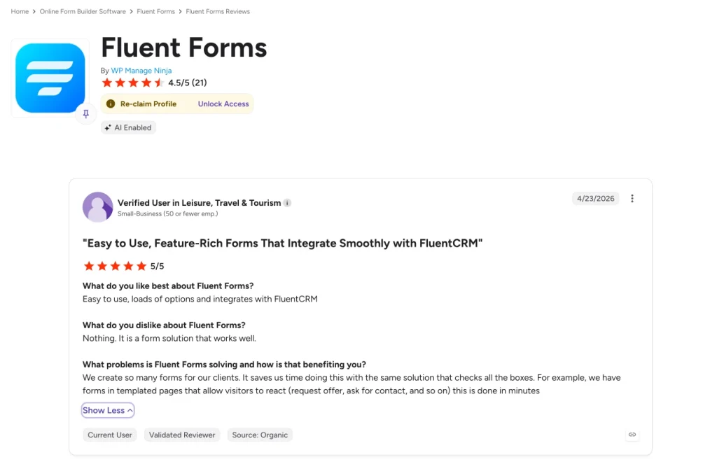 Fluent Forms review on G2