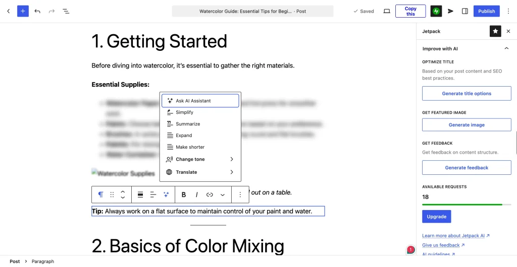 Jetpack AI Assistant in the WordPress block editor, showing the AI toolbar menu (Simplify, Summarize, Expand, Change tone, Translate) and the “Improve with AI” sidebar.