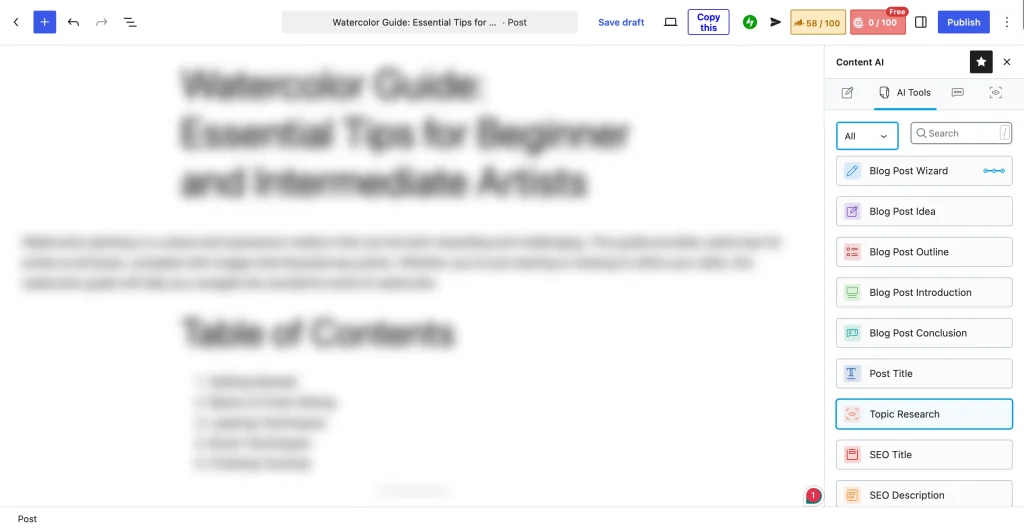 Rank Math Content AI sidebar in the WordPress editor, listing tools like Blog Post Wizard, Topic Research, and SEO Title beside a post with a 58/100 optimization score.