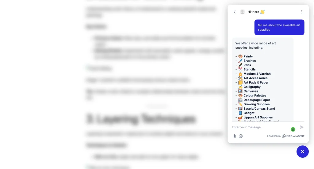 Tidio’s Lyro AI chatbot widget on a website, answering a visitor’s question about available art supplies, labeled “Powered by Lyro AI Agent.”