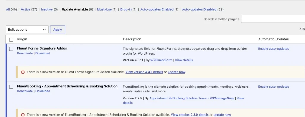 WordPress Plugins screen filtered to available updates, showing update now links for Fluent Forms Signature Addon and FluentBooking.