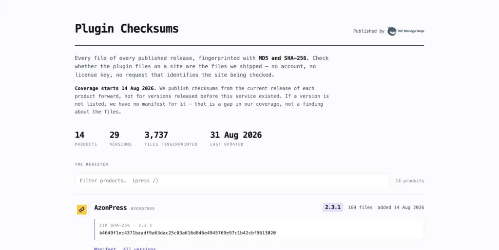 WPManageNinja Plugin Checksums homepage showing product, version, file count, and registry statistics.
