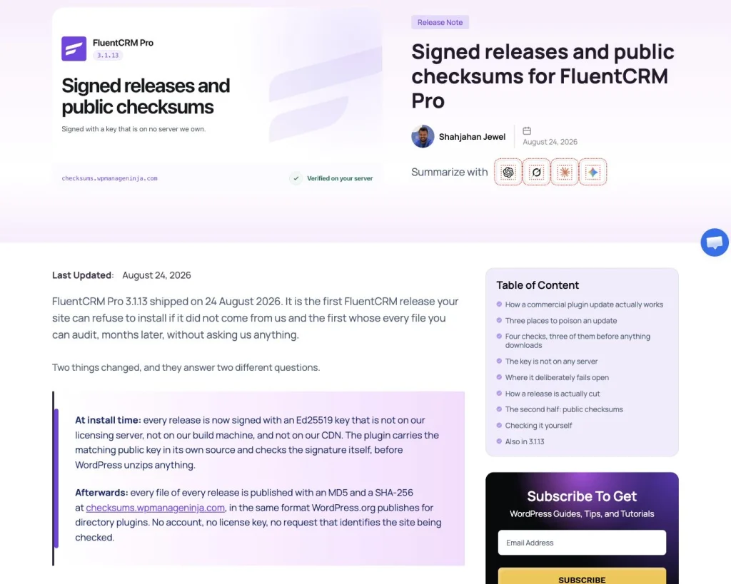 FluentCRM article announcing signed releases and public checksums for FluentCRM Pro 3.1.13
