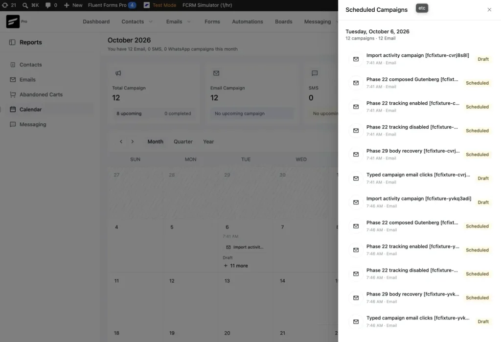 FluentCRM Campaign Calendar Reports with monthly, quarterly, and yearly views