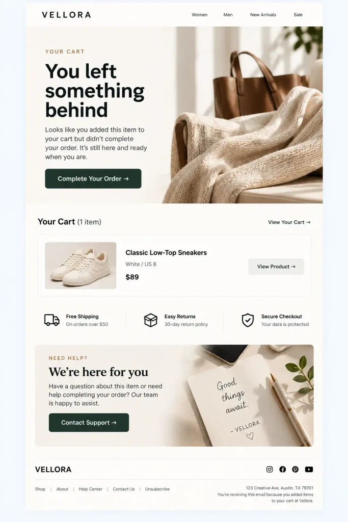 The abandoned cart reminder email design idea for Holiday email marketing campaigns