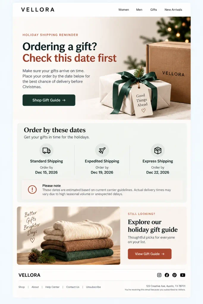 The last shipping date reminder email design for holiday email marketing campaigns ideas