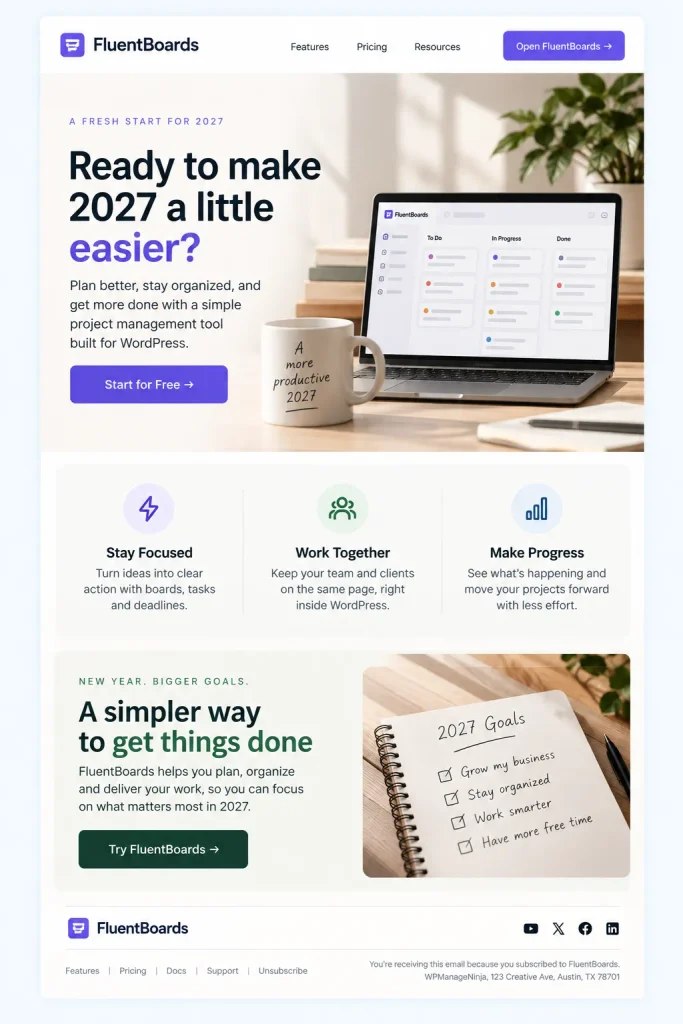 The New Year fresh-start campaign email designs for Holiday email marketing campaigns ideas