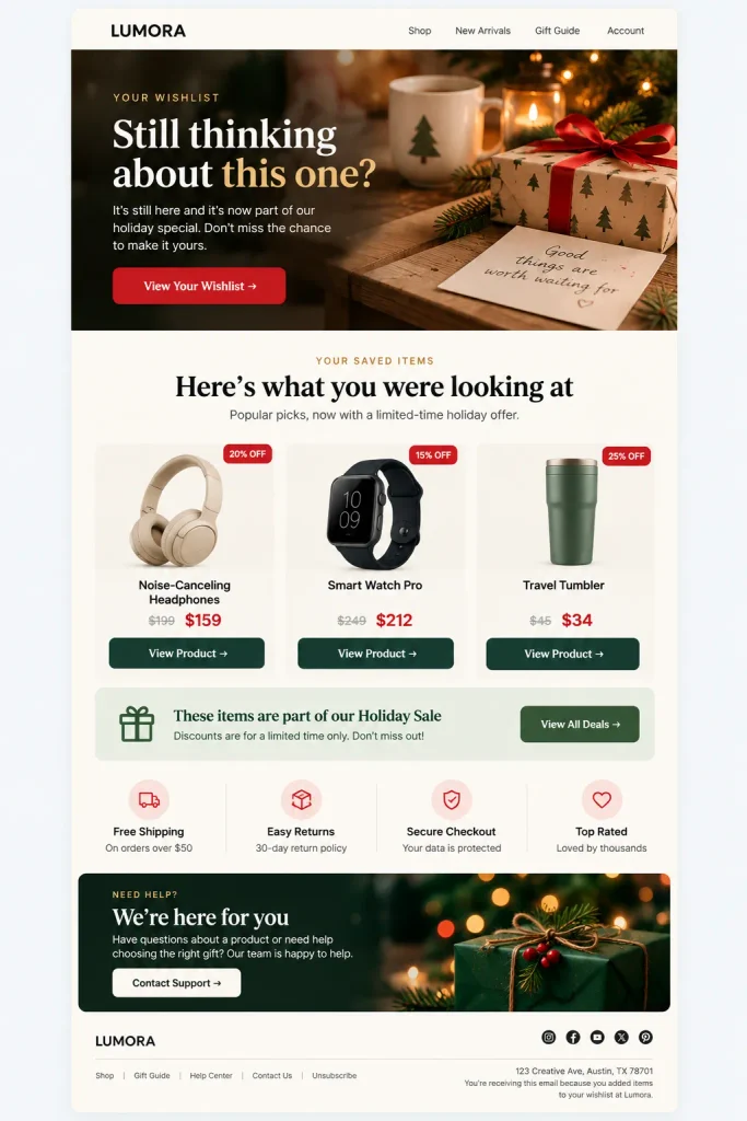 The wishlist reminder email design for Holiday email marketing campaign ideas
