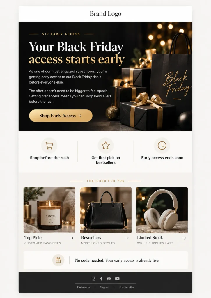 The early-access campaign email designs for Holiday email marketing campaign ideas