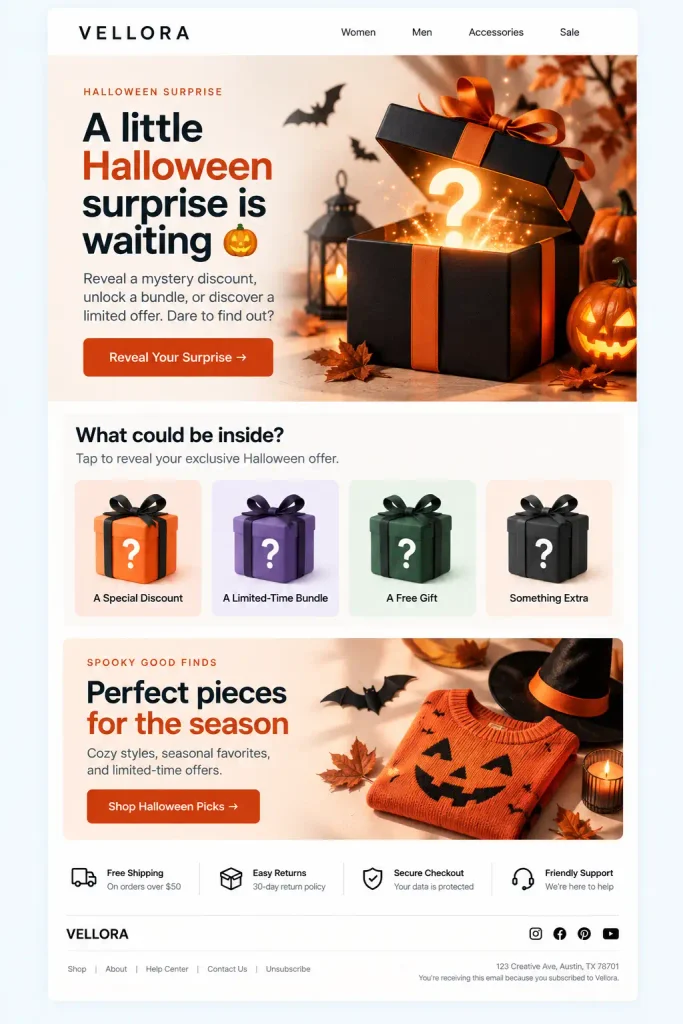 The mystery discount email design for holiday email marketing campaign ideas