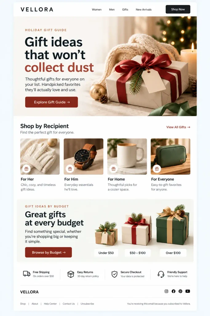The holiday gift guide email designs for email marketing campaign ideas